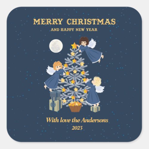 Christmas blue gold cute baby angels tree square sticker