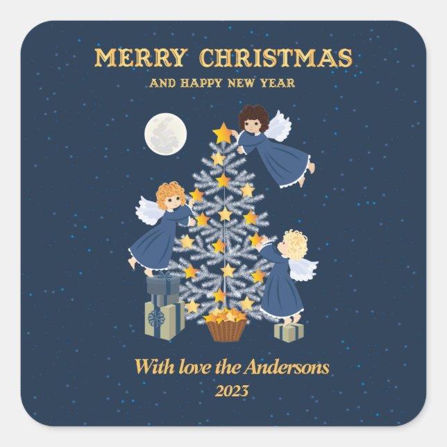 Christmas blue gold cute baby angels tree square sticker (Front)