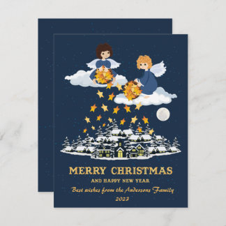 Christmas blue gold cute little angels holiday card