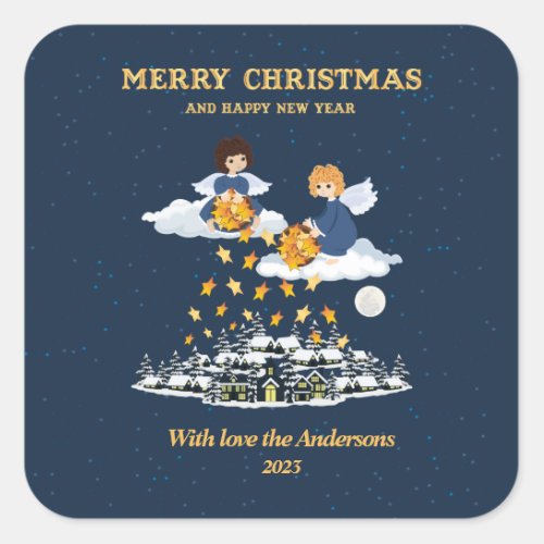 Christmas blue gold cute little angels square sticker