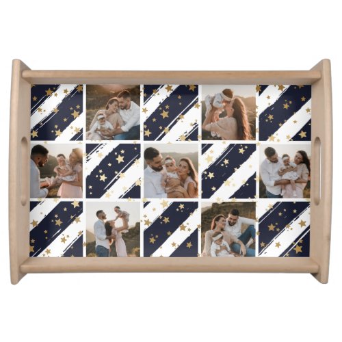 Christmas Blue Gold Family Photo Collage Holiday Serving Tray