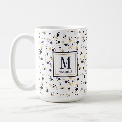  Christmas Blue Gold Monogram Family Name Holiday Coffee Mug