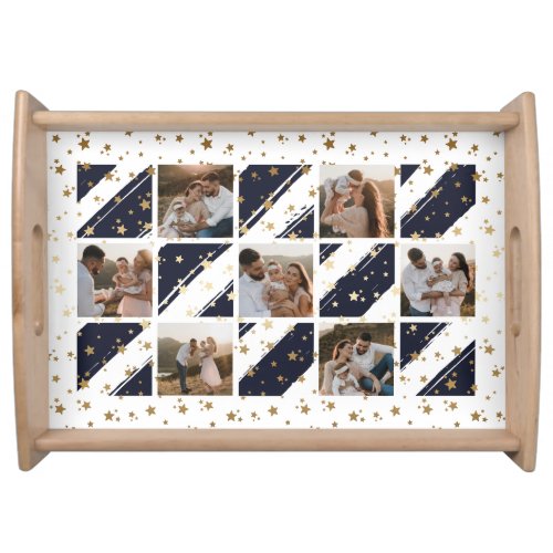 Christmas Blue Gold Photo Collage Holiday Serving Tray