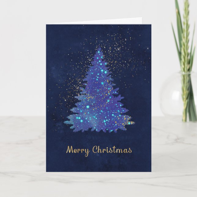 Christmas Blue Gold Pine Tree Watercolor Holiday Card (Front)