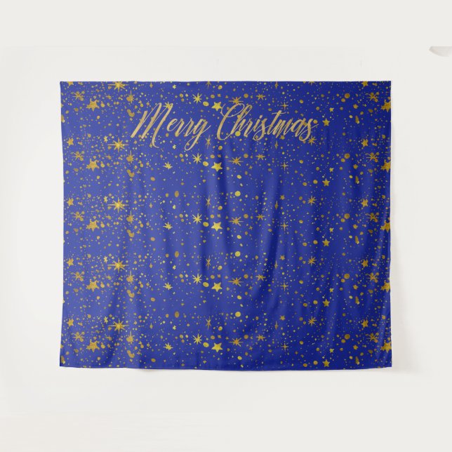 Christmas Blue Gold Stars Photo Booth Backdrop (Front (Horizontal))