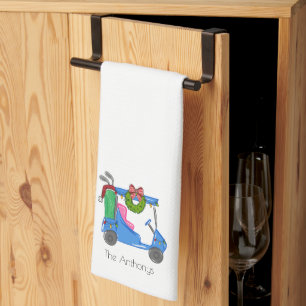 Christmas Blue Golf Cart Personalized Kitchen Towel