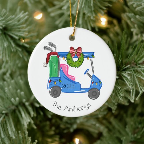 Christmas Blue Golf Cart Personalized Preppy Ceramic Ornament