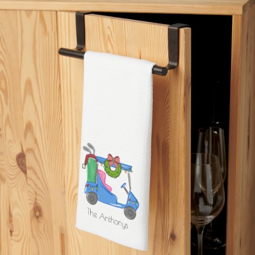 Christmas Blue Golf Cart Personalized Preppy Kitchen Towel