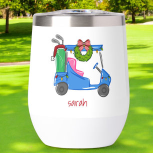 Christmas Blue Golf Cart Personalized Preppy Thermal Wine Tumbler