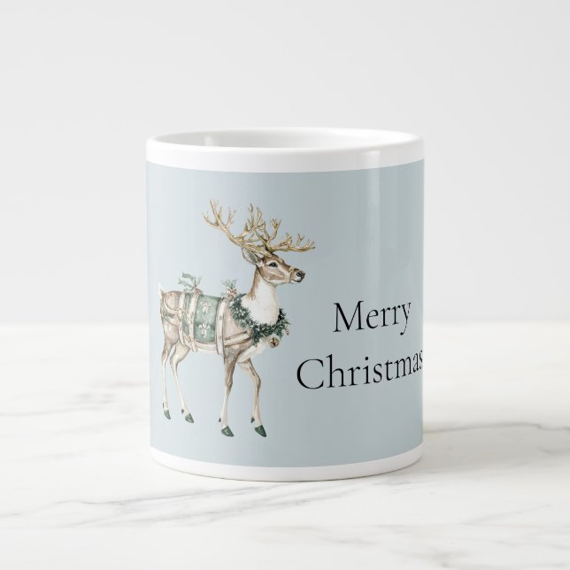 Christmas Blue Green Deer Giant Coffee Mug (Front)
