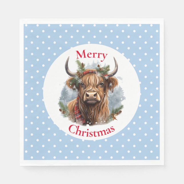Christmas Blue Highlander Cow Napkins (Front)
