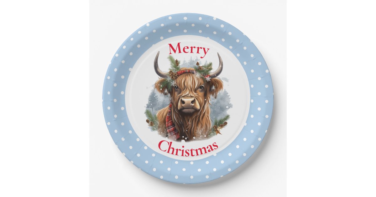 Christmas Blue Highlander Cow Paper Plates | Zazzle