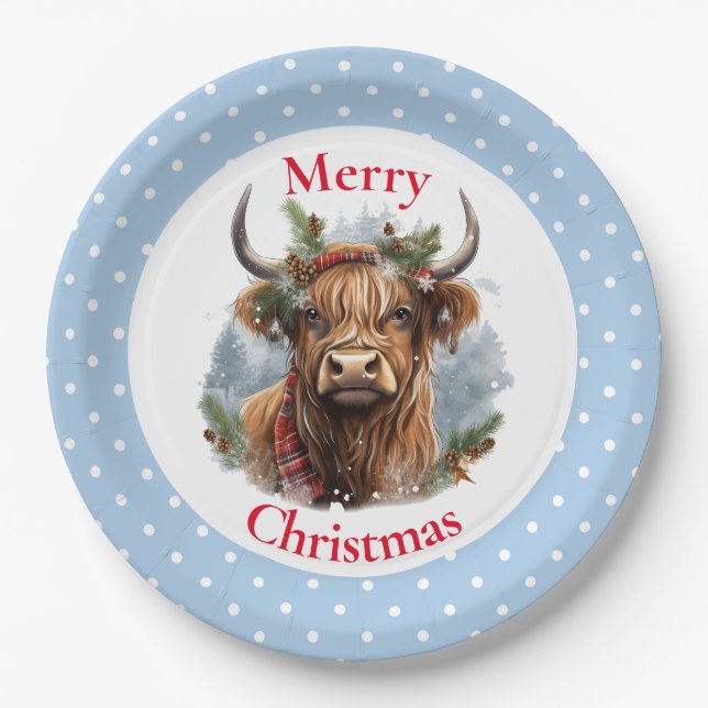 Christmas Blue Highlander Cow Paper Plates (Front)