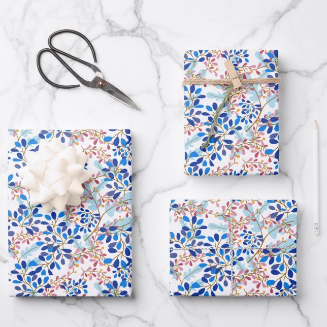 Christmas Blue Holiday Floral Pattern Wrapping Paper Sheets (Front)