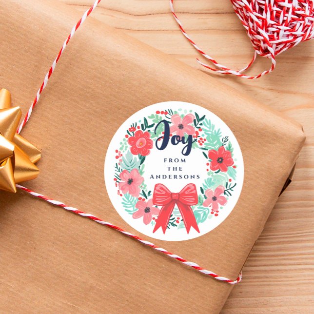 Christmas Blue Joy Red Bow Wreath Holiday Classic Round Sticker (Creator Uploaded)