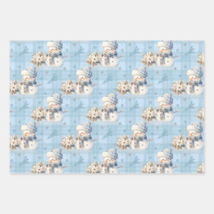 Christmas Blue Little Snowman Wrapping Paper Sheets