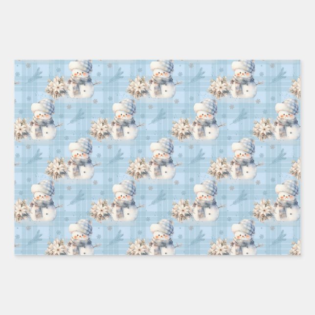 Christmas Blue Little Snowman Wrapping Paper Sheets (Front)
