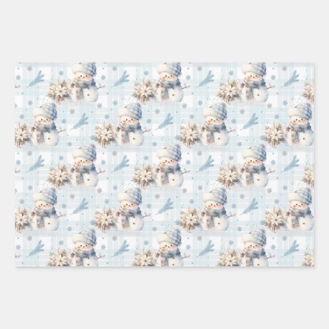 Christmas Blue Little Snowman Wrapping Paper Sheets (Front)