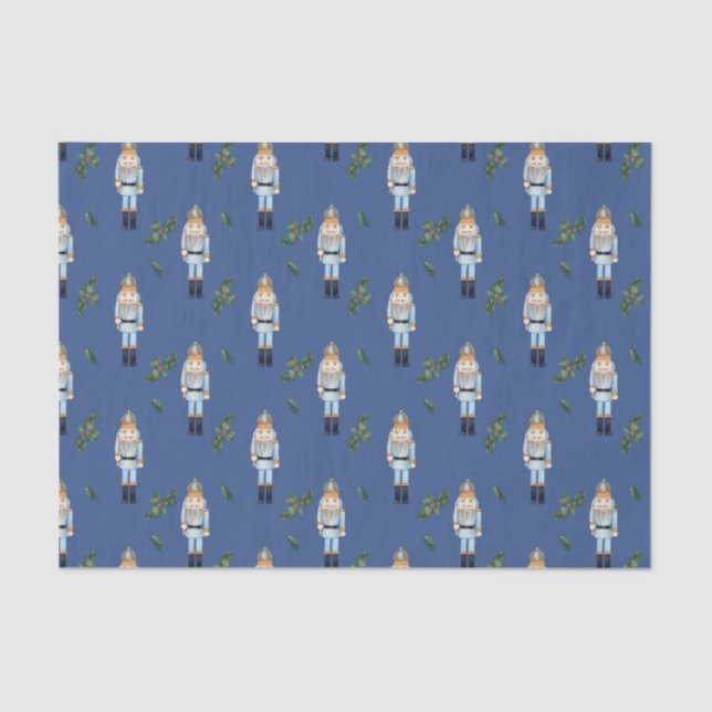 Christmas Blue Nutcracker and Holly Berry Branches Tissue Paper (Front)
