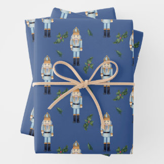Christmas Blue Nutcracker and Holly Berry Branches Wrapping Paper Sheets