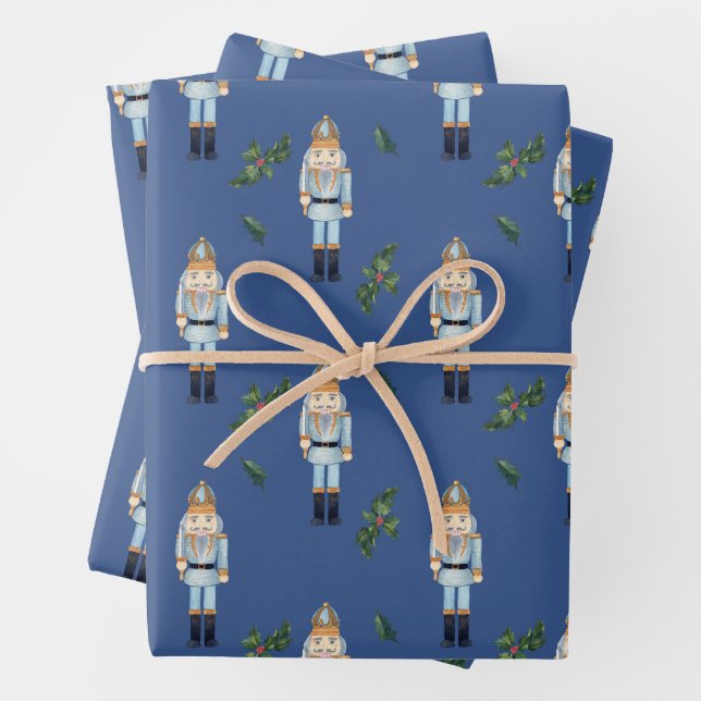 Christmas Blue Nutcracker and Holly Berry Branches Wrapping Paper Sheets (In situ)