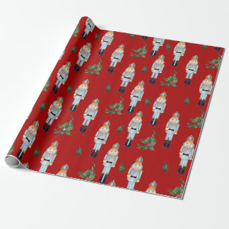 Christmas Blue Nutcrackers on Red Wrapping Paper