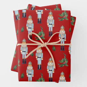 Christmas Blue Nutcrackers on Red  Wrapping Paper Sheets