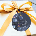 Christmas Blue Ornaments Classic Round Sticker<br><div class="desc">Beautiful blue Christmas tree and ornaments round stickers feature your name and Merry Christmas and Happy New Year in chic lettering. MATCHING items in our collection.</div>