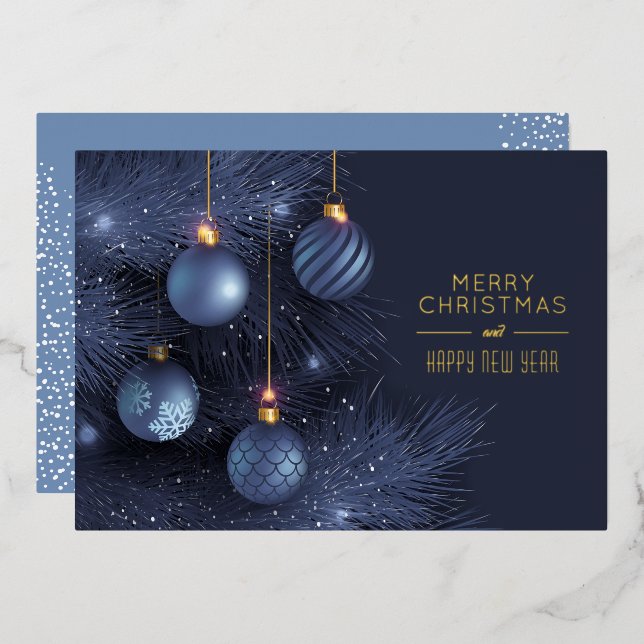 Christmas Blue Ornaments Gold Foil Invitation (Front/Back)