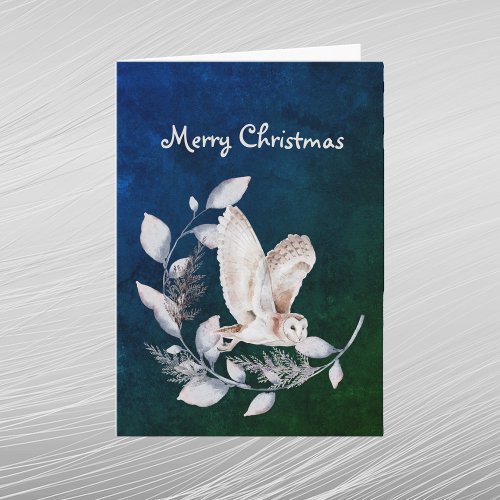 Christmas Blue Owl Leaves Branch Watercolor Holiday Card