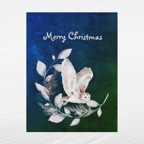 Christmas Blue Owl Leaves Branch Watercolor Holiday Postcard