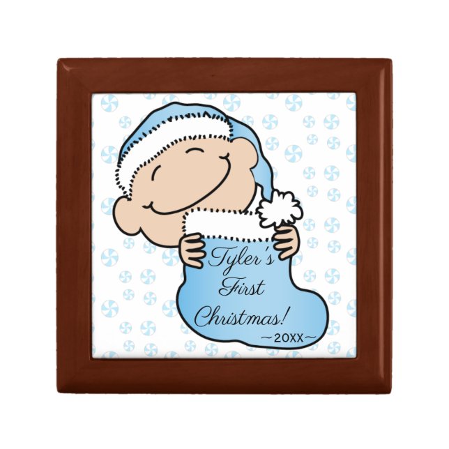 Christmas Blue Plaid Baby 1st Keepsake Box (Front)
