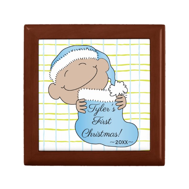 Christmas Blue Plaid Baby Keepsake Box (Front)