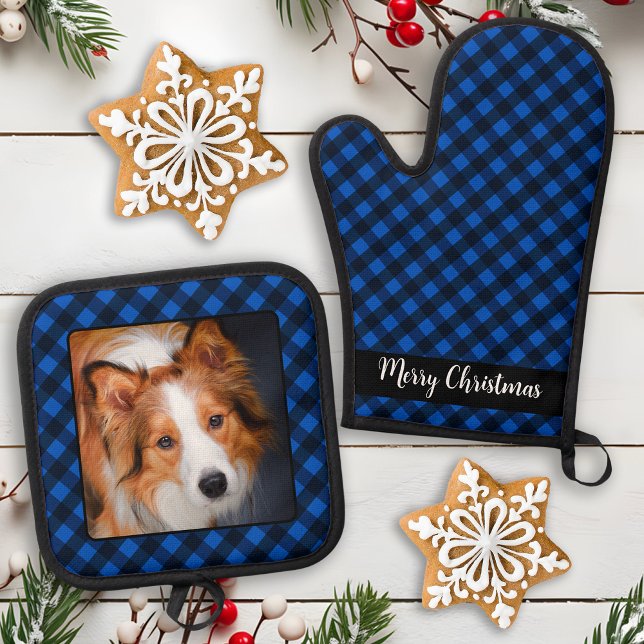 Christmas Blue Plaid Personalized Pet Dog Photo Oven Mitt & Pot Holder Set (Creator Uploaded)