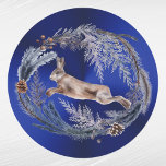 Christmas Blue Rabbit Floral Watercolor Classic Round Sticker<br><div class="desc">Jumping rabbit amongst a floral wreath.</div>