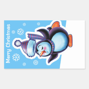 Christmas blue rectangular sticker Penguin skater.