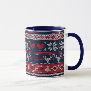Christmas Blue Red Fair Isle Knitting Pattern Mug