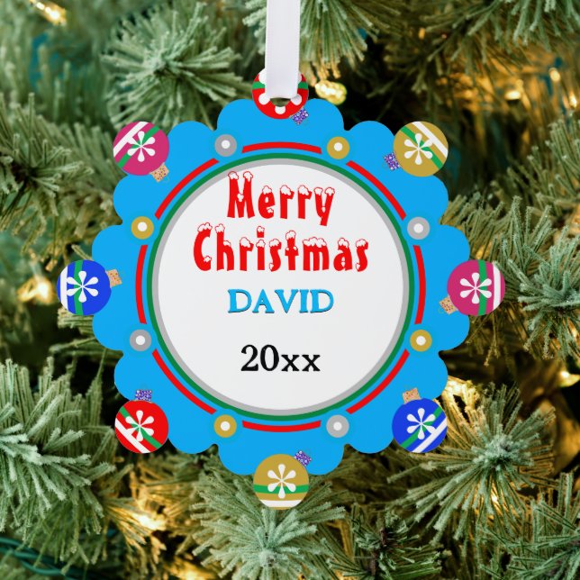 Christmas Blue Red Gold Snowflakes Boy NAME Ornament Card (Insitu (Tree))