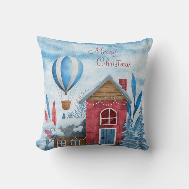 Christmas Blue & Red Winter Village & Animals  Throw Pillow (Front)