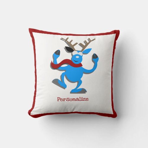 Christmas Blue Reindeer Red Border Personalize Throw Pillow