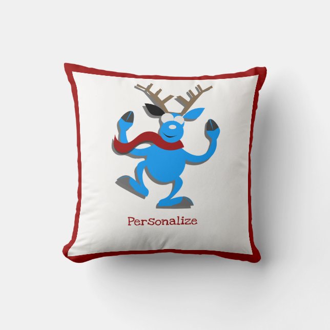 Christmas Blue Reindeer Red Border Personalize Throw Pillow (Front)