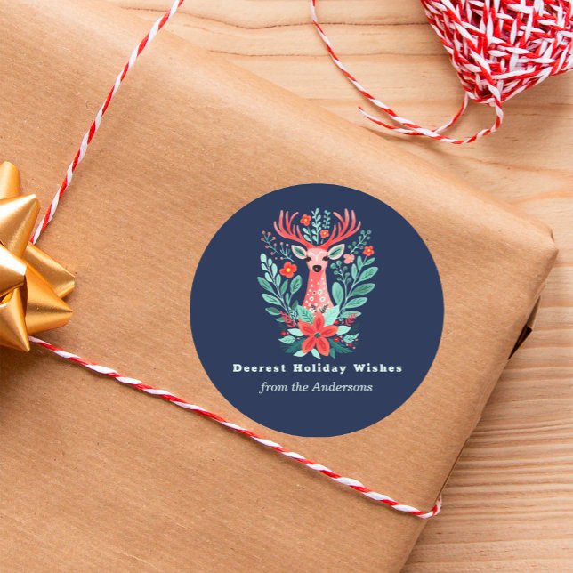 Christmas Blue Reindeer Red Floral Holiday  Classic Round Sticker (Creator Uploaded)