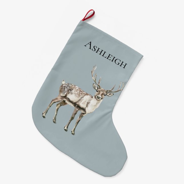 Christmas Blue Rustic Deer Name Large Christmas Stocking (Front (Hanging))