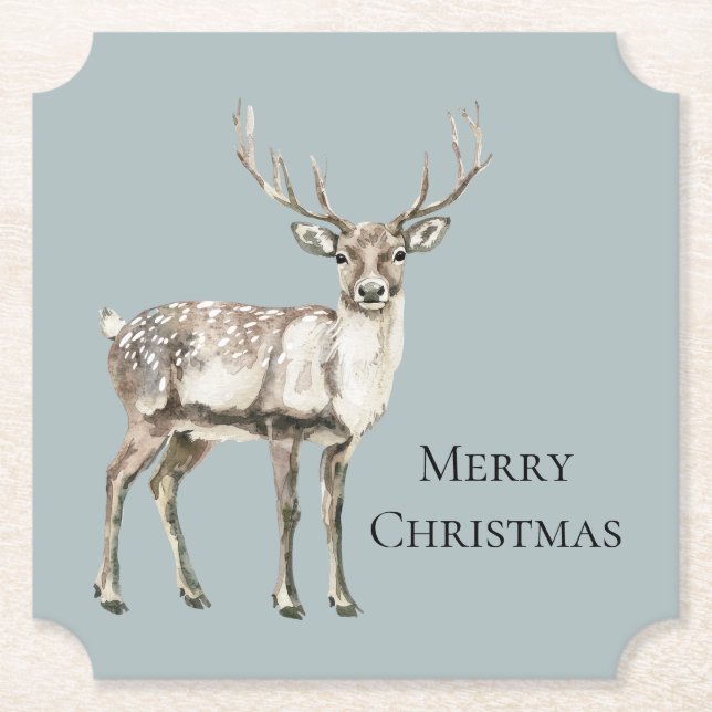 Christmas Blue Rustic Deer  Paper Coaster (Front)