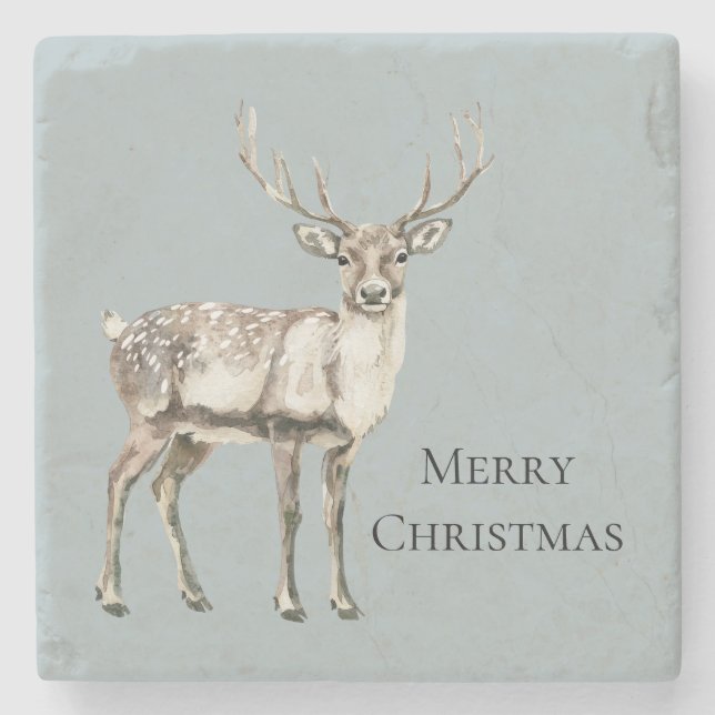 Christmas Blue Rustic Deer  Stone Coaster (Front)