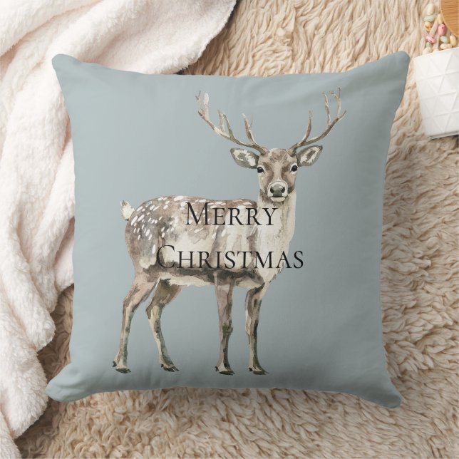 Christmas Blue Rustic Deer  Throw Pillow (Blanket)