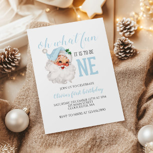 Christmas blue Santa First Birthday Invitation