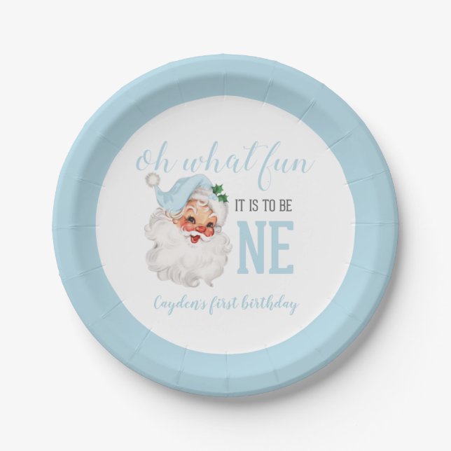 Christmas Blue Santa First Birthday Paper Plates (Front)