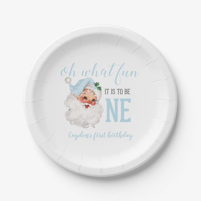 Christmas Blue Santa First Birthday Paper Plates (Front)