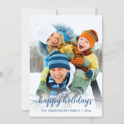 Christmas Blue Script Photo Happy  Holiday Card